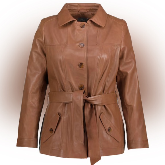 NWT 🤎 Nappa Leather Belted, Button-Down Trench Coat, Camel Brown, Ulla Popken 14 - Picture 1 of 15
